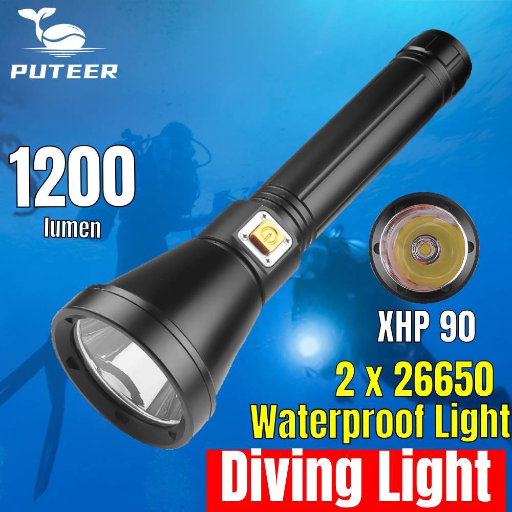 Puter ใหม่ XHP90 Led ดําน้ําไฟฉายกันน้ําความสว่างสูง 26650 ชุดไฟฉายสําหรับดําน้ําตกปลา Scuba
