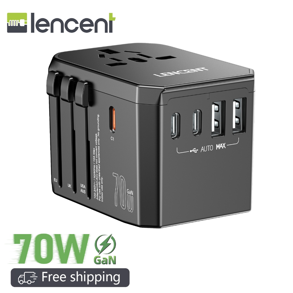 LENCENT 70W Universal Travel Adapter, GaN International Fast Charger พร้อม 3 PD3.0 Type C+2 QC USB A