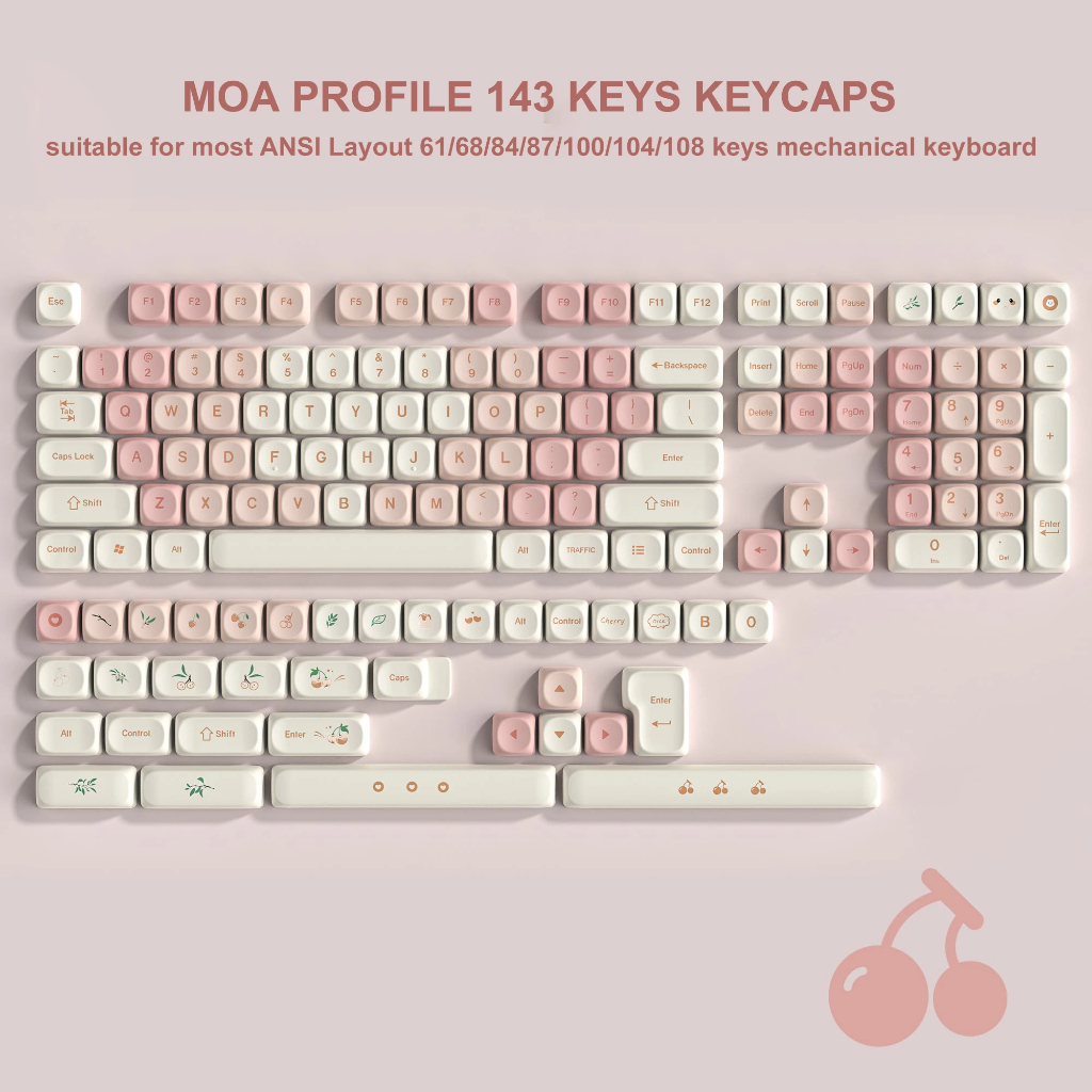 143 คีย์ MOA โปรไฟล์เชอร์รี่สีชมพู Keycaps สดน่ารัก Dye Sub PBT Key Cap สําหรับ 60% 65% 70% 100% Cherry Gateron MX Switches คีย์บอร์ดเครื่องกล