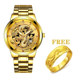 [ฟรีแหวน] 3D Gold Dragon Calendar Quartz Stainless Steel Men Watch Set Jam Tangan Naga Lelaki