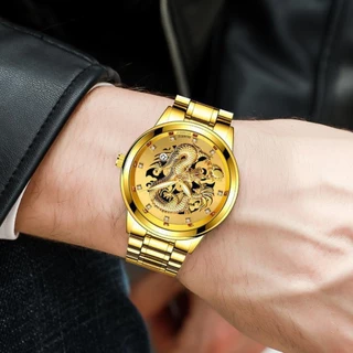 [ฟรีแหวน] 3D Gold Dragon Calendar Quartz Stainless Steel Men Watch Set Jam Tangan Naga Lelaki