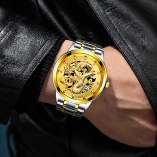 [ฟรีแหวน] 3D Gold Dragon Calendar Quartz Stainless Steel Men Watch Set Jam Tangan Naga Lelaki