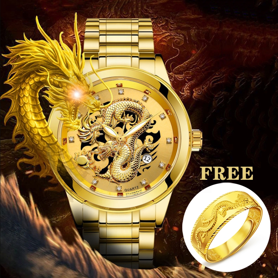 [ฟรีแหวน] 3D Gold Dragon Calendar Quartz Stainless Steel Men Watch Set Jam Tangan Naga Lelaki