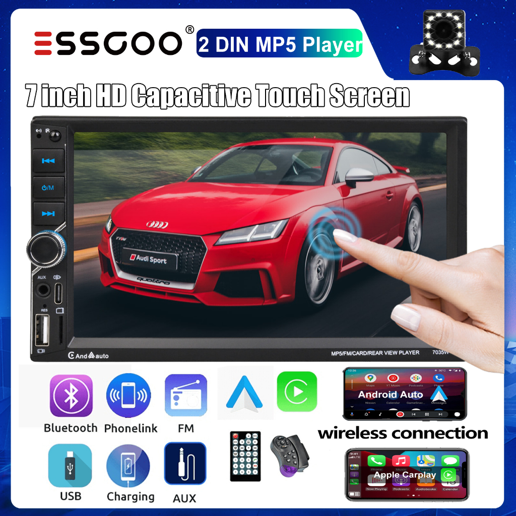 ESSGOOไร้สายCarPlay Android Auto 7นิ้วเครื่องเล่นรถยนต์2 Dinมัลติมีเดียหน้าจอสัมผัสMP5รองรับMirror Link USB/AUX/TF/Type-CบลูทูธวิทยุFM