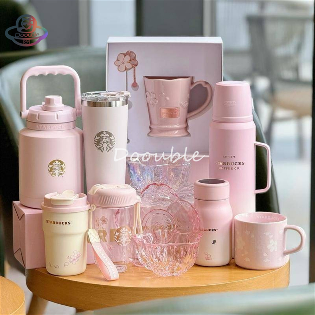 Starbucks China 2024 แก้วกระติกน้ําร้อนเซรามิค พลาสติก ไล่โทนสีชมพู ลายดอกซากุระ ของขวัญ