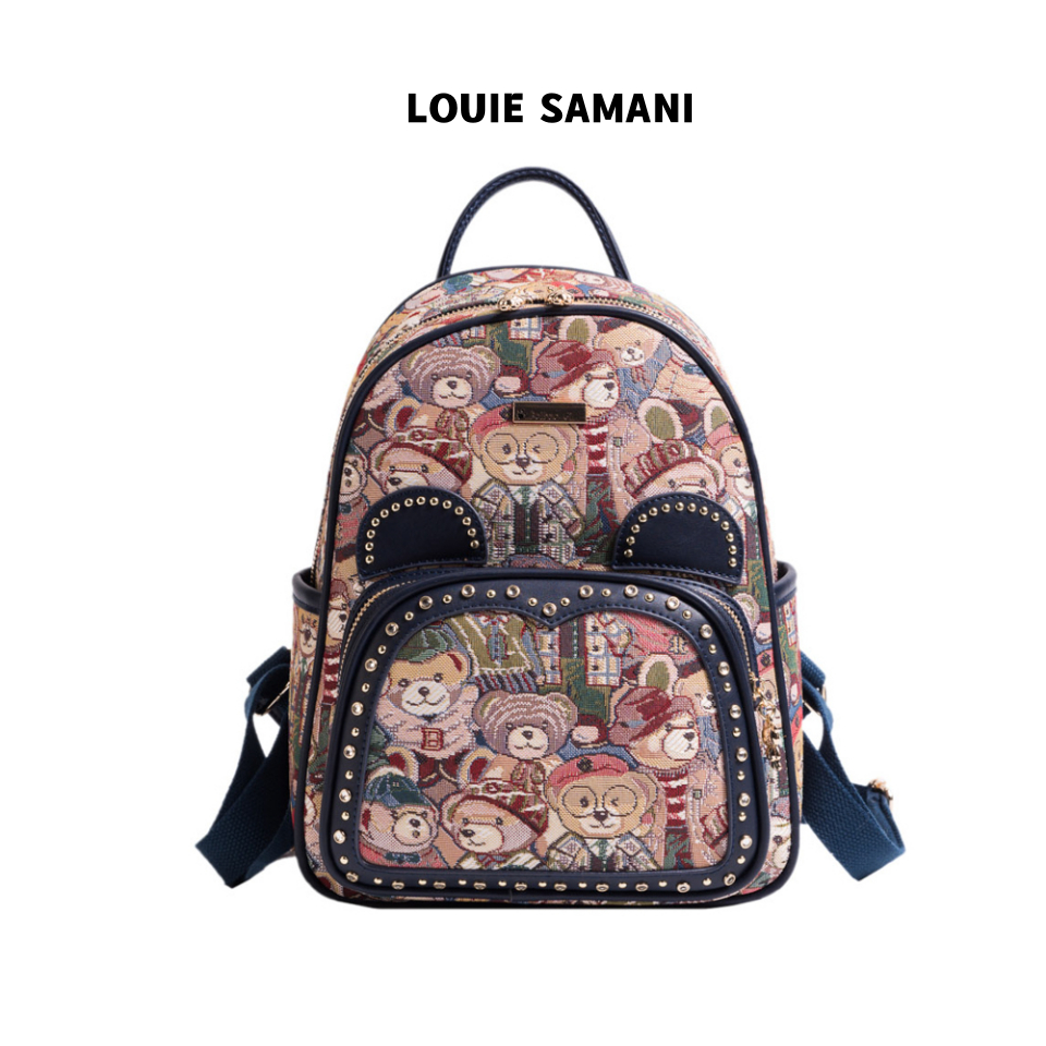 [ LOUIE SAMNI ] กระเป๋าเป้สะพายหลังลําลอง ปักลายหมี ความจุขนาดใหญ่ สําหรับเดินทาง
