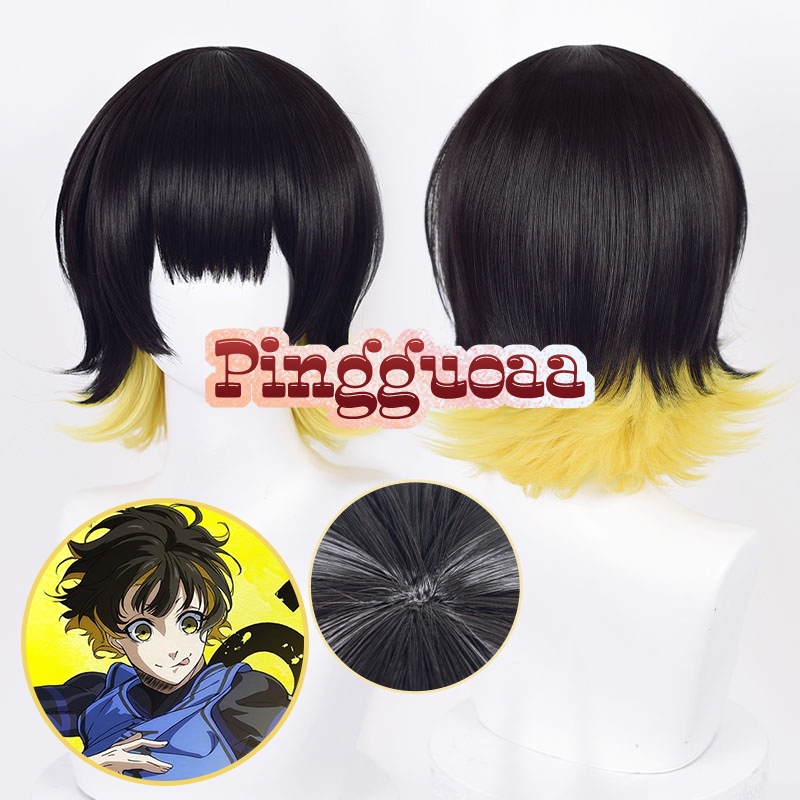 Anime BLUE LOCK Bachira Meguru Cosplay Wig 36cm Short Black Yellow Heat Resistant Fiber Hair
