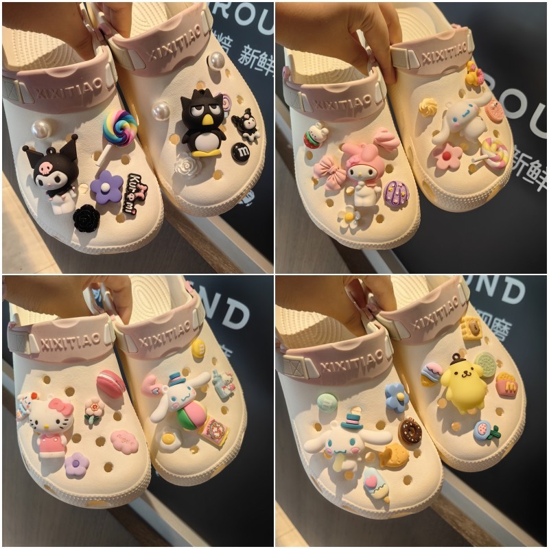 10 ชิ้น / เซต Sanrio Hello Kitty My Melody Cinnamoroll Shoe Croc Charms PVC ตกแต่งรองเท้าอุดตันรองเท