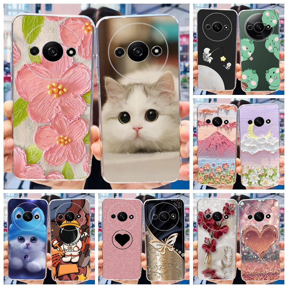 เคสโทรศัพท์มือถือ ซิลิโคนนิ่ม TPU ใส ลายดอกไม้ แมวน่ารัก สําหรับ Xiaomi Redmi A3 2024 RedmiA3 4G