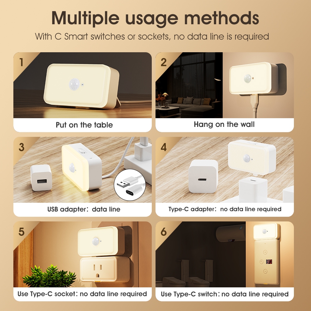 C โคมไฟ LED PIR เซนเซอร์ตรวจจับการเคลื่อนไหว เซนเซอร์ตรวจจับการเคลื่อนไหว แสงสีขาวอบอุ่น สองสี Typec สําหรับห้องนอน ห้องครัว บันได และทางเดิน - รูปที่ 6