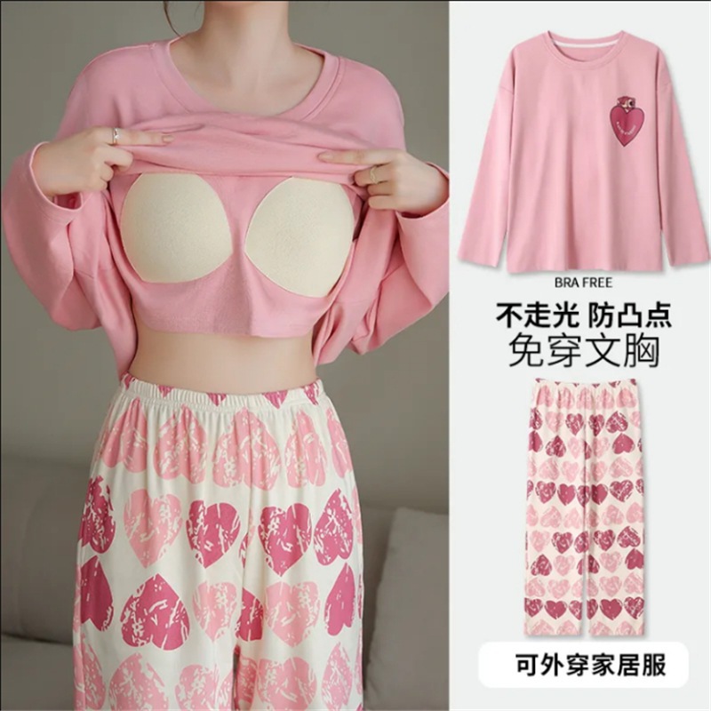 เสื้อแขนยาว ชุดนอน， พร้อมฟองน้ํา， ผ้าฝ้าย， ลวดลายต่างๆ สามารถเลือกได้