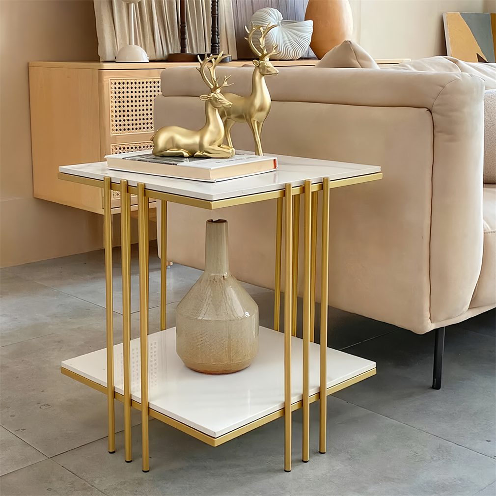 โต๊ะข้าง โต๊ะหินอ่อน โต๊ะโซฟา หินบาป พร้อมกรอบโลหะ สไตล์โมเดิร์น 2 ชั้น สําหรับห้องนั่งเล่น ห้องนอน Side Table