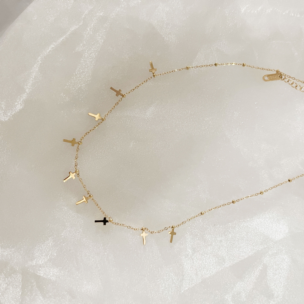 Dainty สร้อยคอ สเตนเลส ทอง 18K จี้ไม้กางเขน ขนาดเล็ก ไม่จางหาย