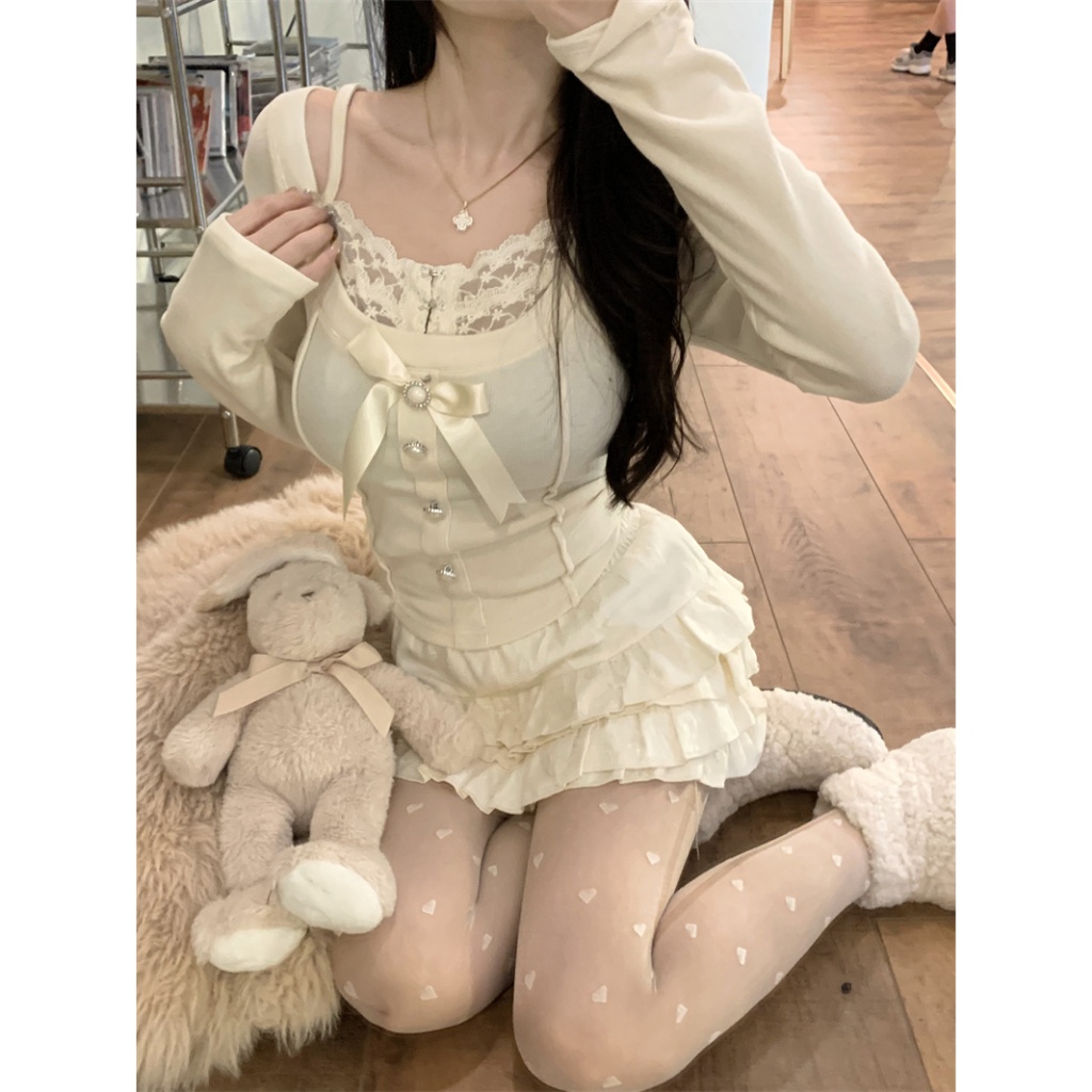 [BANKO] เสื้อแขนยาว ประดับโบว์ ลูกไม้ สีแอปริคอท แฟชั่นสําหรับผู้หญิง