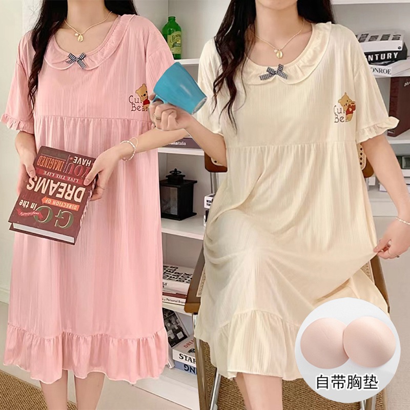 M-4XL  (มีฟองน้ํา)ชุดนอนผู้หญิงฤดูร้อน， กระโปรงน่ารัก，ลายการ์ตูนน่ารัก， ผ้าฝ้าย，4 สี，ได้รับความนิยมอย่างมาก