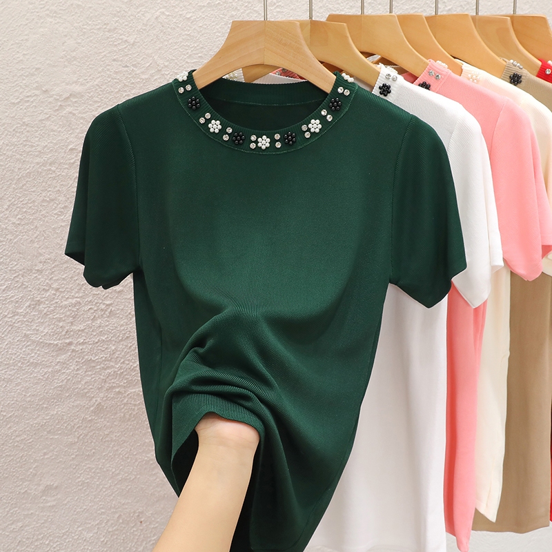 เสื้อยืดแขนสั้น ผ้าถัก ประดับลูกปัด เข้ากับทุกการแต่งกาย แฟชั่นฤดูร้อน สําหรับผู