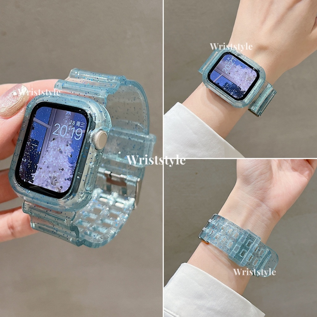 สายนาฬิกาข้อมือ TPU นิ่ม แบบใส แต่งกลิตเตอร์ สีฟ้า สีชมพู สําหรับ Apple Watch S9 8 7 6 5 4 3 2 1 SE ULTRA iWatch 49 มม. 45 44 42 41 40 38