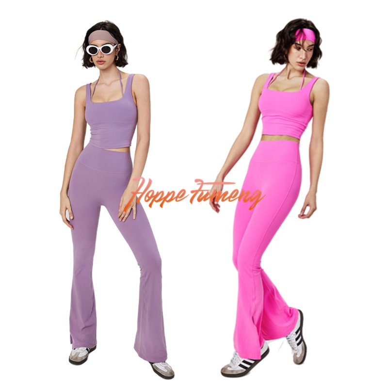 Hoppe Fumeng สปอร์ตบรา เสริมฟองน้ํา และกางเกงขาบาน เอวสูง ผ่าข้าง