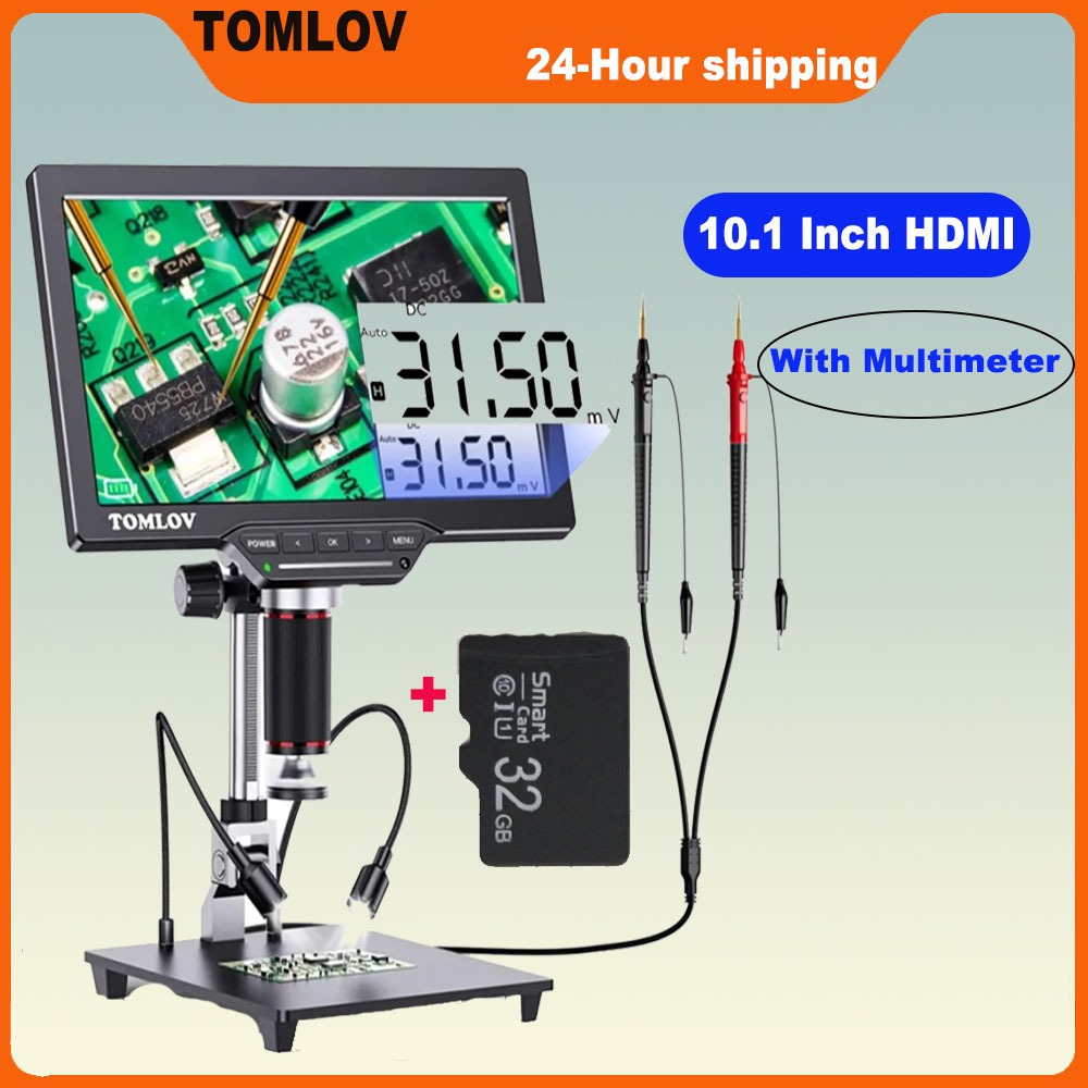 Tomlov กล้องจุลทรรศน์ดิจิตอล HDMI ขนาด 10.1 นิ้วพร้อมมัลติมิเตอร์บัดกรี USB Microscopio สําหรับซ่อมต