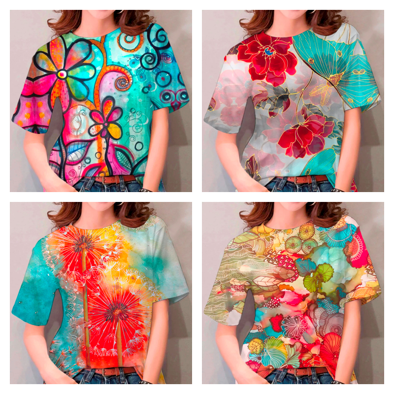 เสื้อสงกรานต์2567เสื้อยืดฤดูร้อนลายดอกไม้ผู้หญิง แฟชั่นสบาย ๆ ผู้หญิงฮาราจูกุสงกรานต์