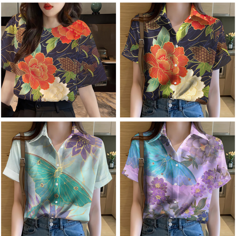 เสื้อยืดแขนสั้น คอปก พิมพ์ลายดอกไม้ สไตล์ฮาวาย แฟชั่นฤดูร้อน 2567