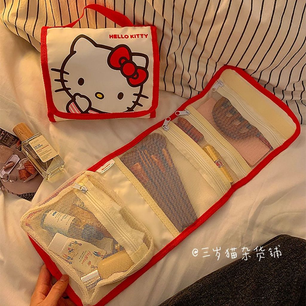 Kawaii Sanrio Hello Kitty กระเป๋าเครื่องสําอาง แปรงแต่งหน้า ความจุขนาดใหญ่ แบบพกพา กระเป๋าถือ กันน้ํา ของขวัญเด็กผู้หญิง