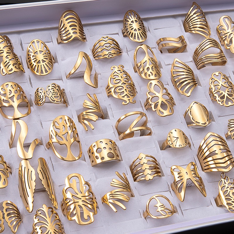 20ชิ้นแหวนสแตนเลสสําหรับผู้ชายและผู้หญิงเงินชุบทองเลเซอร์ตัดรูปแบบแฟชั่นเครื่องประดับนิ้ว