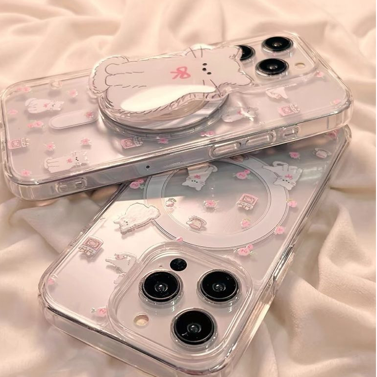 น่ารักดอกไม้แมวเคสโทรศัพท์เข้ากันได้สําหรับiphone 15 14 promax 7 8 plus xr 11 12 pro xs max 13 ล่าสุดแม่เหล็กPCความคิดสร้างสรรค์กันกระแทกไร้สายชาร์จปกใส
