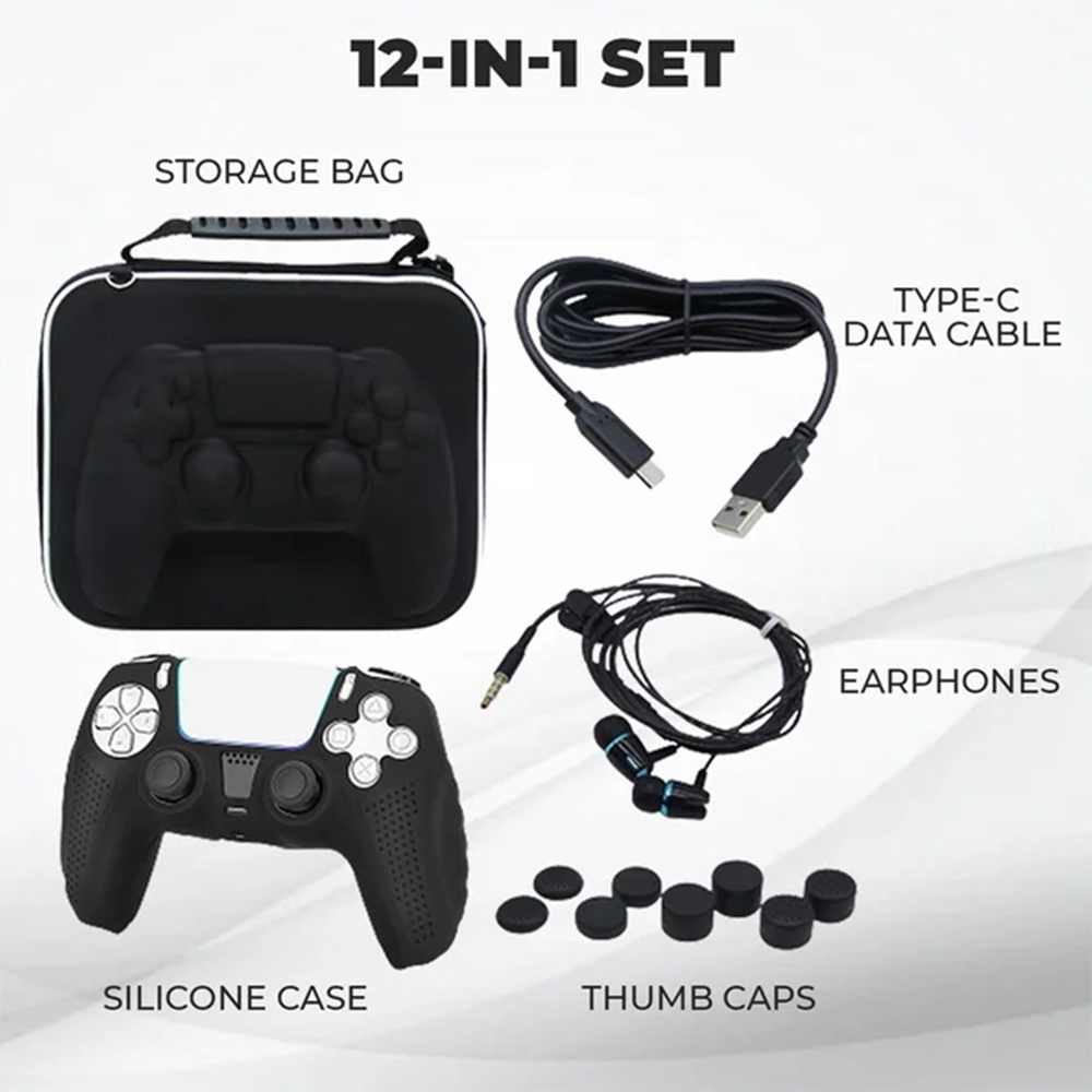 ชุดอุปกรณ์เสริม PS5 Playstation 5 รวมหูฟัง PS5 8 PS5 ฝาครอบนิ้วหัวแม่มืออนาล็อก PS5 Type C สายชาร์จข้อมูล PS5 และกระเป๋าเก็บ สีดํา 12 in 1