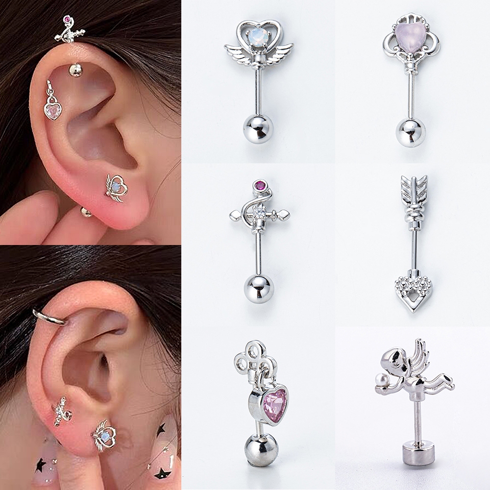 1 PC สแตนเลส Little Angel แนวตั้งรูปร่างต่างหูกระดูกอ่อนรูปหัวใจหูสตั๊ดต่างหูคริสตัล Helix Lobe เจาะ