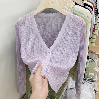 เสื้อแจ็กเก็ตคาร์ดิแกนแขนยาว คอวี ผ้าถัก แบบบาง ขนาดเล็ก สีพื้น