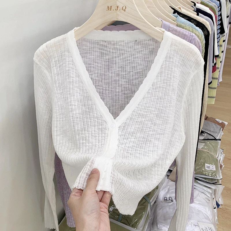 เสื้อแจ็กเก็ตคาร์ดิแกนแขนยาว คอวี ผ้าถัก แบบบาง ขนาดเล็ก สีพื้น