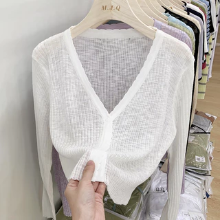 เสื้อแจ็กเก็ตคาร์ดิแกนแขนยาว คอวี ผ้าถัก แบบบาง ขนาดเล็ก สีพื้น