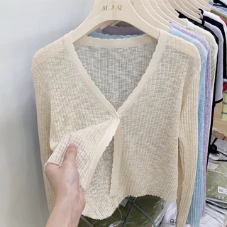เสื้อแจ็กเก็ตคาร์ดิแกนแขนยาว คอวี ผ้าถัก แบบบาง ขนาดเล็ก สีพื้น