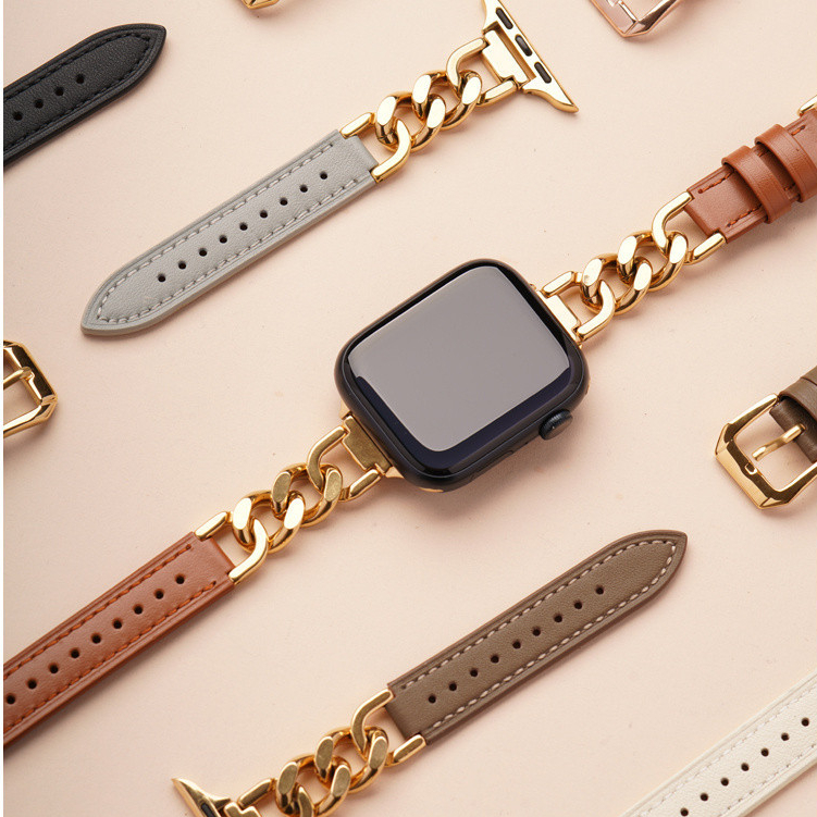 สายนาฬิกาข้อมือ สายหนังวัวแท้ สายโซ่ สําหรับ Apple Watch 9th Generation iwatch S9 8 7 6SE