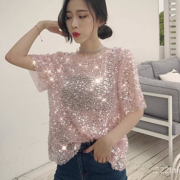 เสื้อเชิ้ตแขนสั้น คอปก ผ้าชีฟอง ประดับเลื่อม สไตล์เกาหลี แฟชั่นฤดู สําหรับผู้หญิง