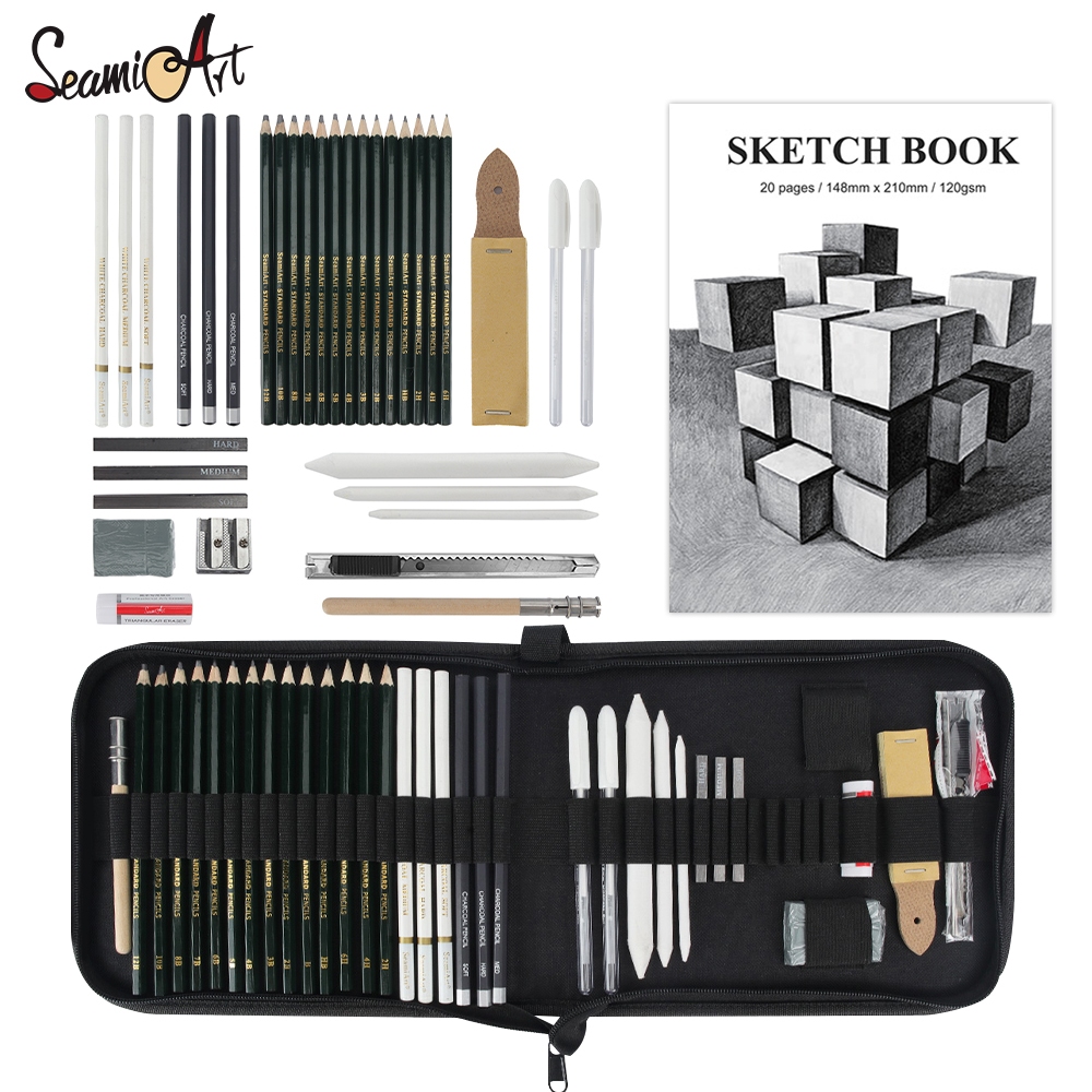 Seamiart ชุดดินสอสเก็ตช์ วาดภาพ 29 36 ชิ้น พร้อมดินสอถ่าน 6H-12B