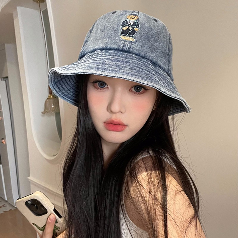หมวกบักเก็ตยีน ปักลายการ์ตูนหมี สไตล์เกาหลี ญี่ปุ่น เรโทร สําหรับผู้หญิง