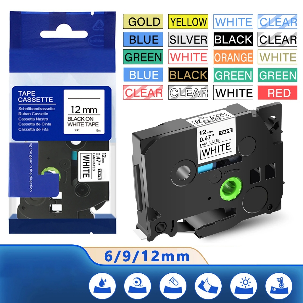 เทปฉลาก 6-9-12 มม. TZe-231 tze231 สําหรับเครื่องพิมพ์ฉลาก Brother P-Touch PT-H110 PT-D450 PT-D600