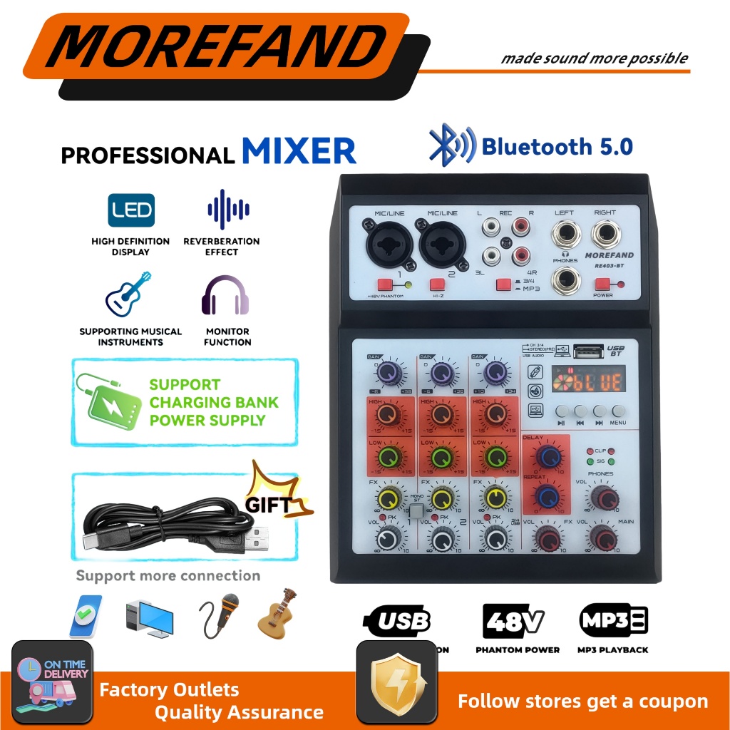 RE403-BT mixer เครื่องผสมสัญญาณเสียงระดับมืออาชีพ 4 ช่อง 48V Phantom Power อินเทอร์เฟซ USB Bluetooth Home Live Use