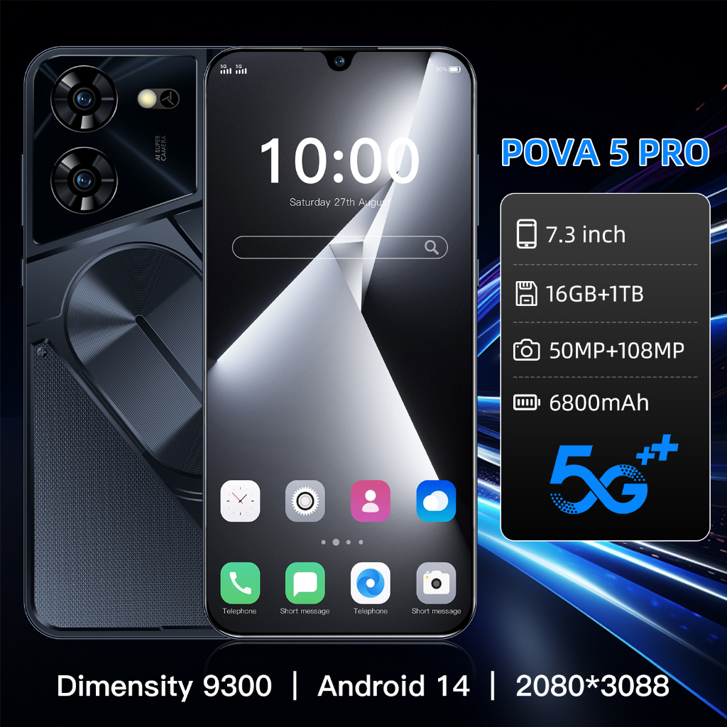 Pova 5 Pro Smart 5G โทรศัพท์มือถือ 7.3 นิ้ว HD หน้าจอขนาดใหญ่ Android 13 ใหม่ รองรับโทรศัพท์มือถือ รองรับในการจัดส่ง