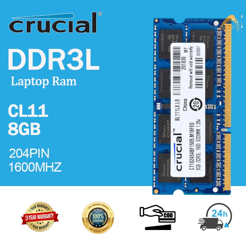 [พร้อมส่ง] Crucial 8GB RAM DDR3L 1600Mhz หน่วยความจําแล็ปท็อป 2Rx8 PC3L-12800S SODIMM RAM Intel