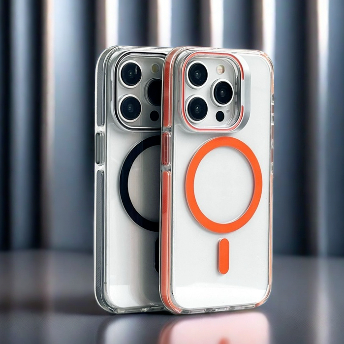 【Metal Lens Bracket/Hight quality/Transparent Acrylic hard case/Orange 】เคส compatible for iphone 11 12 13 14 15 pro max case