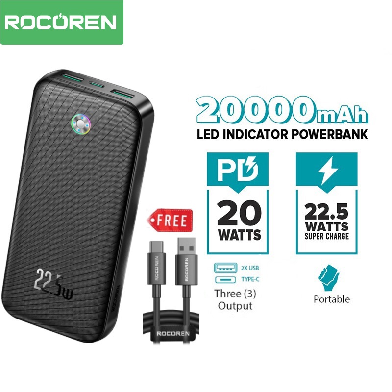 Rocoren พาวเวอร์แบงค์ 22.5W 20000mAh QC PD 3.0 ชาร์จเร็ว สําหรับ i15 Series Samsung S24