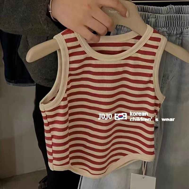 เสื้อยืดแขนกุด ลายทาง แฟชั่นฤดูร้อน สไตล์เกาหลี สําหรับเด็กผู้หญิง