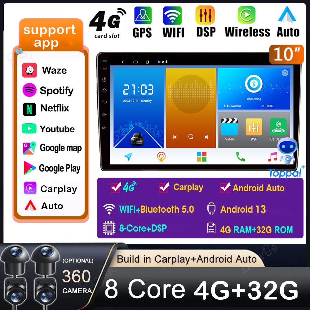 [8 Core 4+32GB 4G SIM] เครื่องเล่นมัลติมีเดีย Wifi GPS 2Din 10 นิ้ว พร้อมเครื่องเล่นมัลติมีเดีย ไร้สาย สําหรับรถยนต์ Android