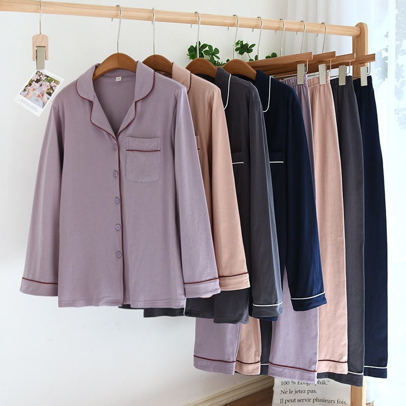 ถักผ้าฝ้ายแท้ WOMEN & MEN สั้น/แขนยาว & กางเกงชุดนอนชุดสีทึบคู่ชุดนอน Baju Tidur nightwear คู่ชุดนอน