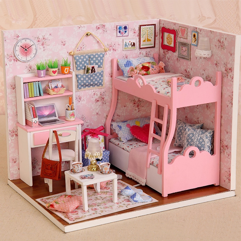 ของเล่นบ้านตุ๊กตาไม้ ขนาดเล็ก พร้อมเฟอร์นิเจอร์ DIY สําหรับตกแต่งบ้าน ห้องนอน