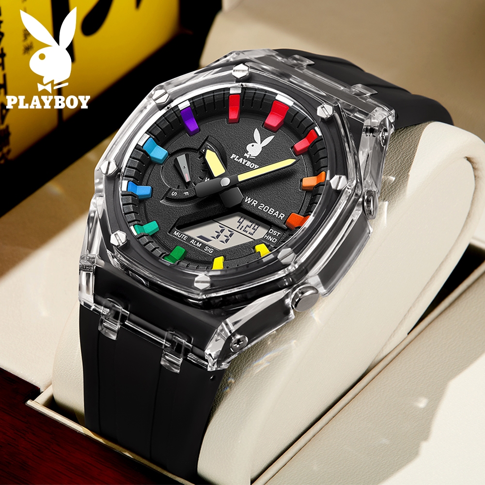 PLAYBOY นาฬิกา ผู้ชาย แฟชั่น ตารางดิจิตอล watch 100% แท้ นาฬิกาข้อมือกันน้ำได้ ควอตซ์ นาฬิกาดิจิตอล สีดำ ยาง 2066-H