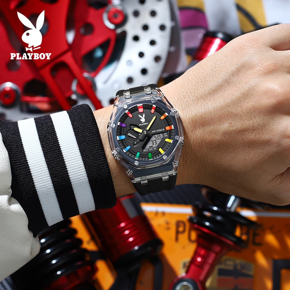 PLAYBOY นาฬิกา ผู้ชาย แฟชั่น ตารางดิจิตอล watch 100% แท้ นาฬิกาข้อมือกันน้ำได้ ควอตซ์ นาฬิกาดิจิตอล สีดำ ยาง 2066-H